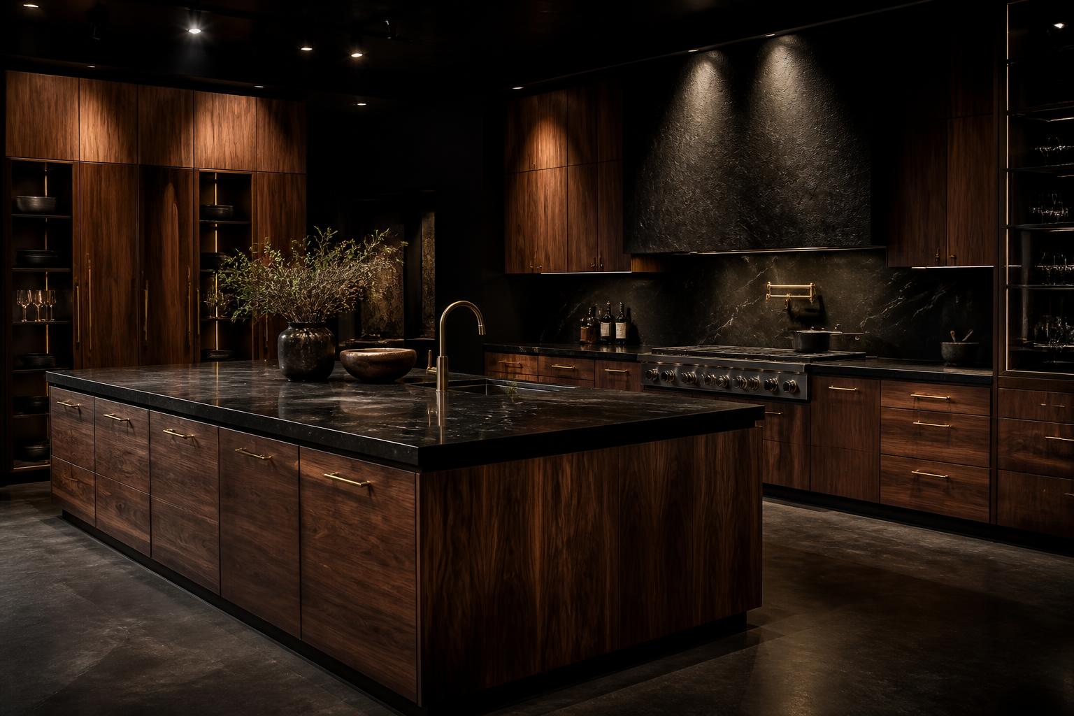 Premium walnut kitchen cabinetry under focused warm light